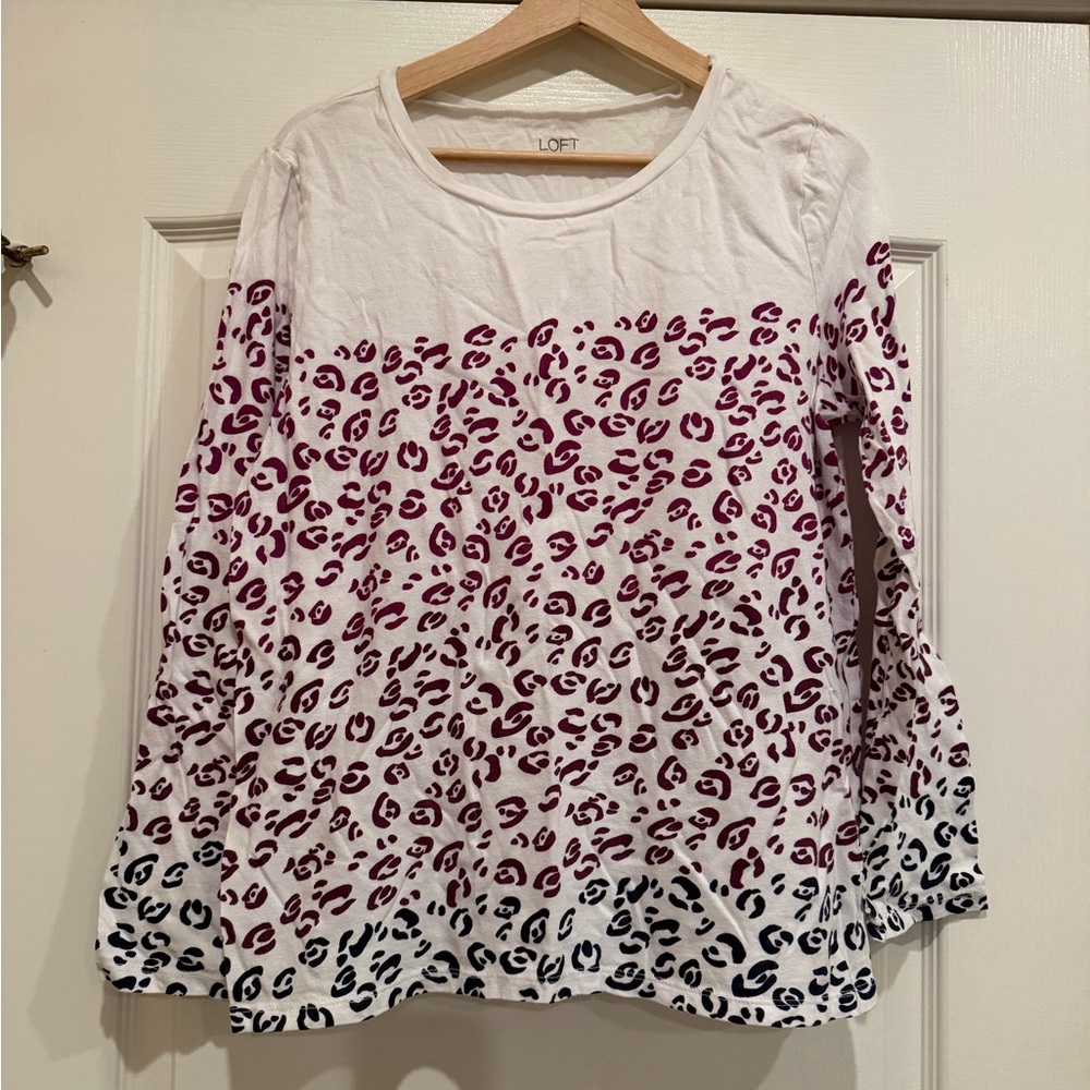 LOFT White Long-Sleeve Top with Pink and Black Leopard Print